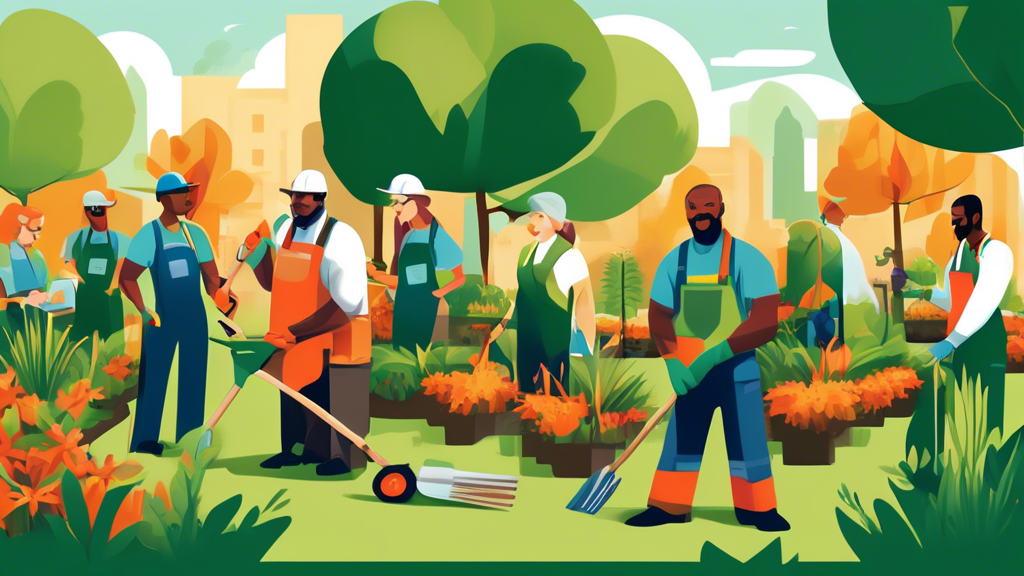 An artistic depiction of a diverse and dynamic team of landscaping professionals, equipped with modern gardening tools, collaborating and working in a lush, well-manicured public park, with the AMC Me