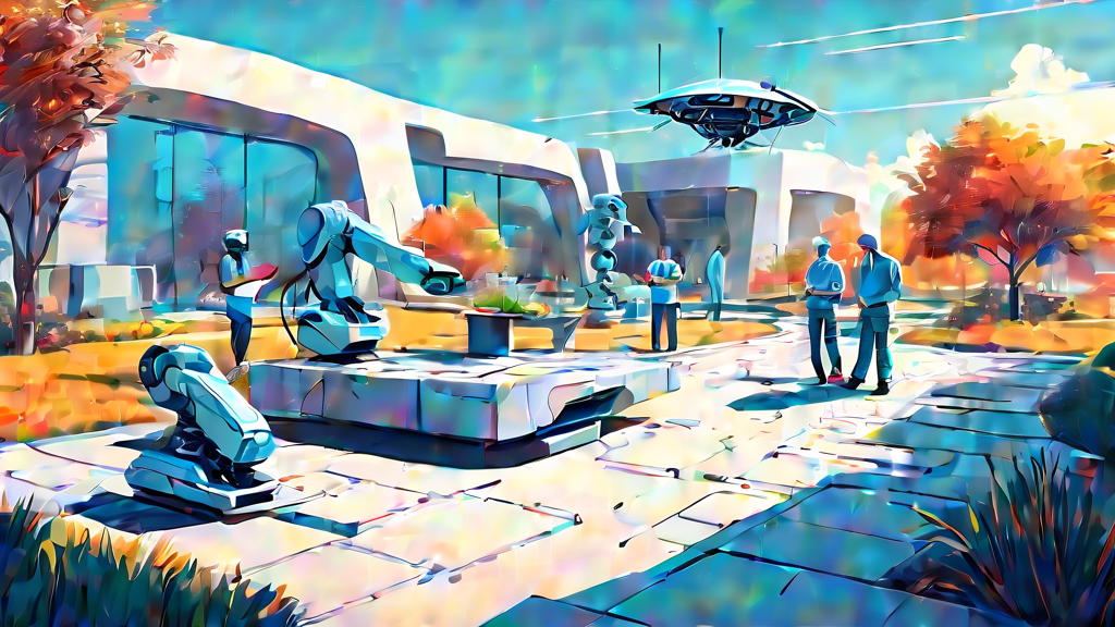 An artistic digital illustration of a futuristic landscape with robotic machines and drones efficiently laying paving stones in a garden, while a group of hardscape professionals discuss plans using a
