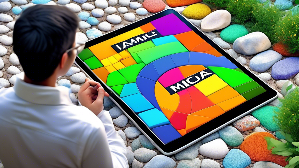An artistic concept of a landscaper examining a digital tablet displaying colorful graphs and SEO data, surrounded by beautifully arranged stones and pavers, with the AMC Media logo in the background,