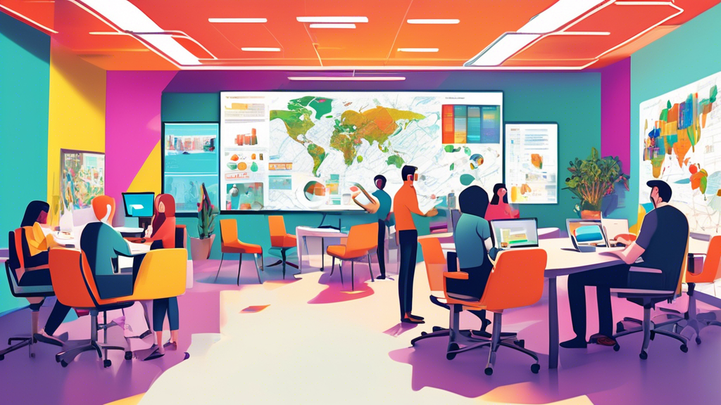 An animated scene in a vibrant office where diverse marketing professionals from AMC Media are gathered around a digital presentation, giving strategic suggestions to a group of turf installers on how