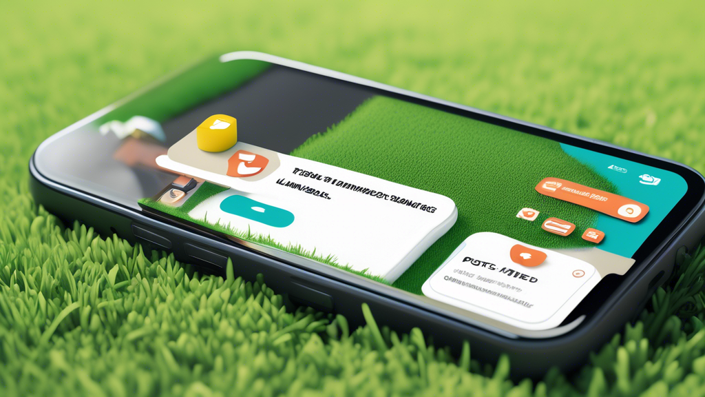 An engaging digital illustration showcasing a vibrant social media feed on a smartphone screen, featuring posts by turf installers using AMC Media's strategies. The posts include before-and-after phot