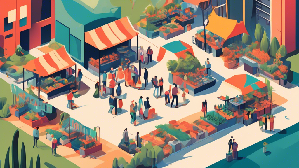 An animated illustration of a bustling outdoor hardscaping marketplace, with diverse vendors showcasing stone, tiles, and landscaping tools, connected by digital lines to a central, glowing AMC Media