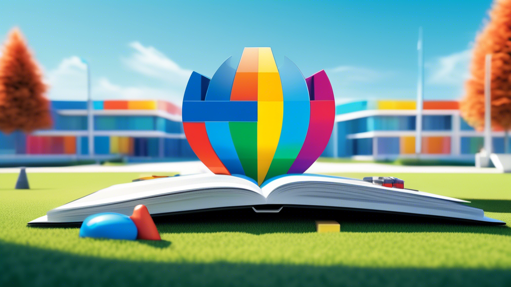 An elegantly crafted digital guidebook lying on a turf installation site, showcasing a vibrant and colorful badge of Google Guaranteed, with turf installers in uniforms working diligently in the backg