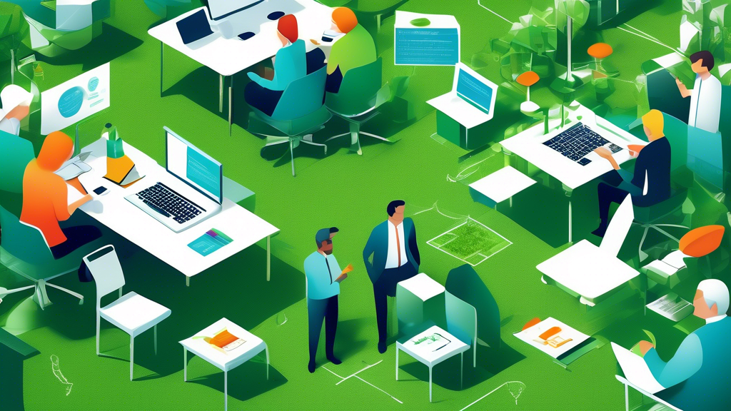 An artistic digital collage showcasing various successful business listing strategies for turf installers, with visual representations of digital platforms, vibrant green synthetic turf samples, insta
