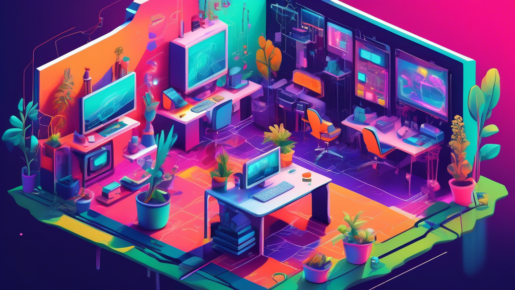An animated digital workspace filled with various futuristic and automated media tools designed specifically for hardscaping, showcasing software interfaces, drones laying pavements, and robots arrang