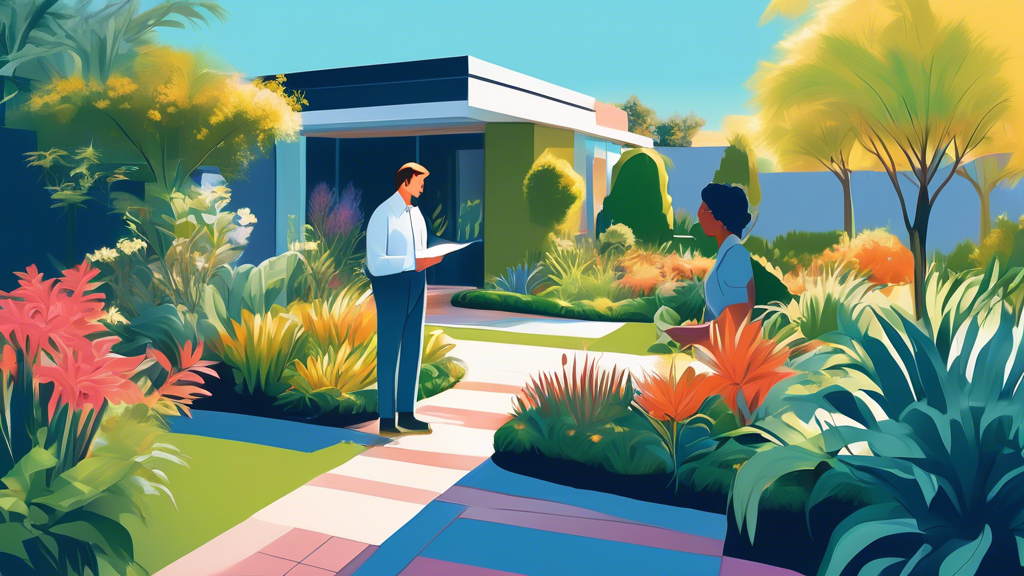 An artistic representation of a professional landscaper consulting with a satisfied client in a beautifully landscaped garden, with a digital overlay of positive reviews and star ratings floating abov