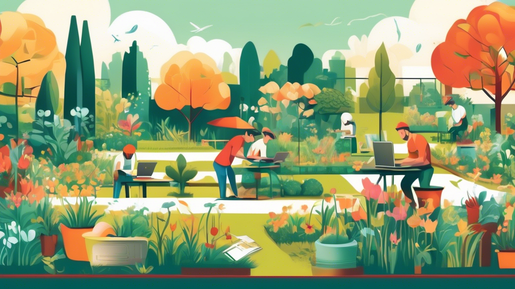 A digital illustration of a peaceful garden with landscapers busy at work, each one using laptops and digital devices among the greenery and flowers, subtly incorporating modern website maintenance ic