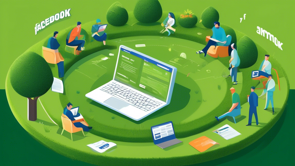 Digital illustration of a busy turf installer viewing Facebook Ads tutorial on a laptop in a lush, freshly installed turf garden, with infographics about best practices and tips floating around in a s