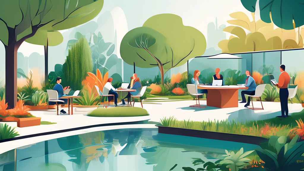 A digital illustration of a serene outdoor office setting with landscapers discussing over a table with various digital devices and papers showing reputation management strategies, surrounded by beaut