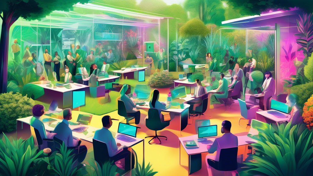 An artistic depiction of a lush, green garden office where diverse landscapers from AMC Media are gathered around a hi-tech, holographic display showing innovative recruitment strategies and digital t