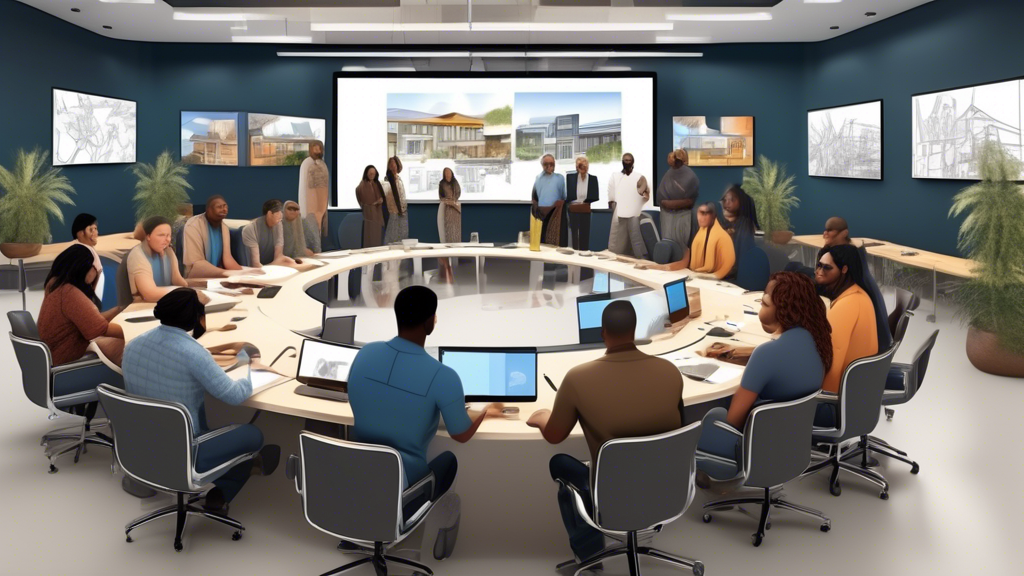 An artistically rendered image showing a diverse group of hardscapers, each from different ethnic backgrounds, engaging in a digital workshop facilitated by AMC Media's Vendor Connect Program. The set