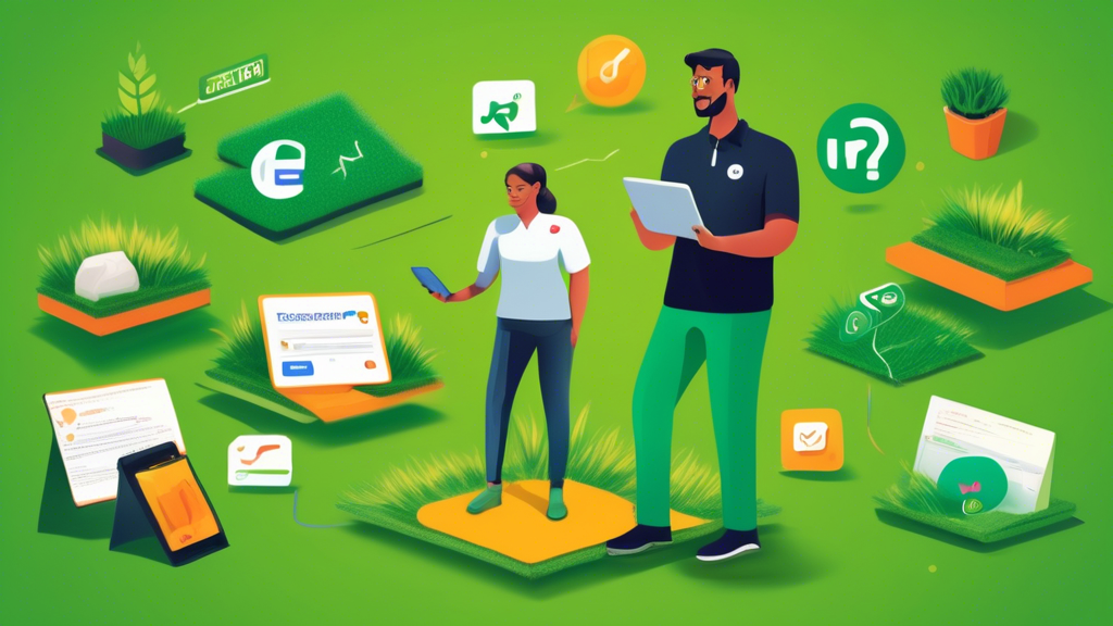 An illustration of a professional turf installer with a digital tablet, standing on a newly-installed lush green artificial lawn, with the Google Guaranteed badge prominently displayed in the corner,
