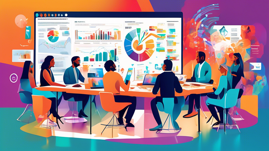 An artistic depiction of a professional planning meeting with a diverse group of marketers and hardscaping business owners, gathered around a high-tech table covered in digital screens displaying Goog